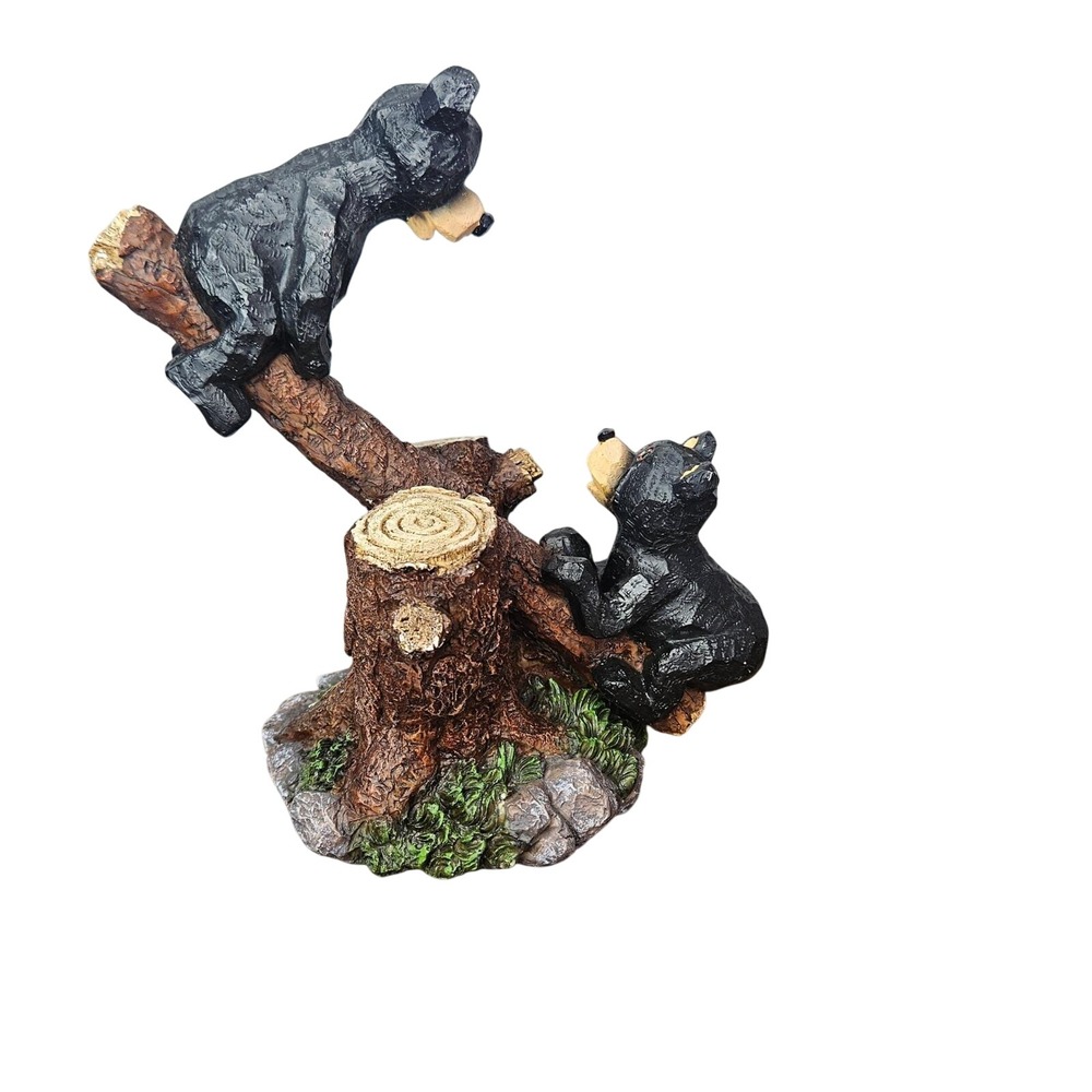 Black Bear Cubs Teeter Totter Tree Stump Figurine Rustic Cabin Lodge Decor 9"